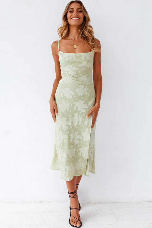 Women's Midi Dress Sage Green Cotton Floral Cowl Neck 0