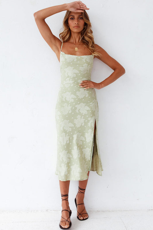 Women's Midi Dress Sage Green Cotton Floral Cowl Neck 1