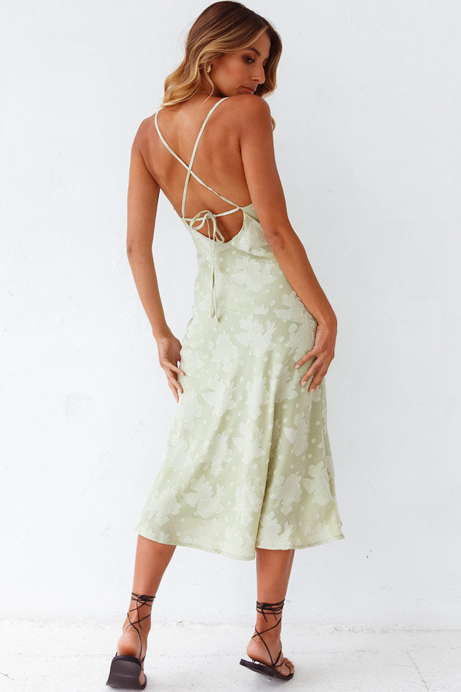 Women's Midi Dress Sage Green Cotton Floral Cowl Neck 3