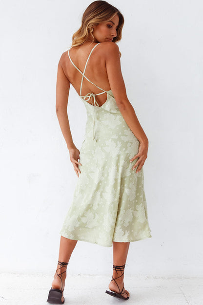Women's Midi Dress Sage Green Cotton Floral Cowl Neck 3
