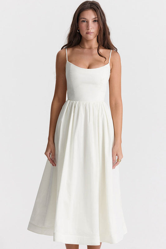 Women's Midi Dress White Cotton Spaghetti Strap Summer Fit and Flare 0
