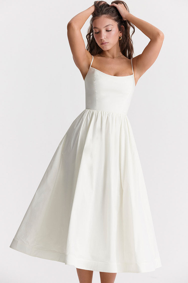 Women's Midi Dress White Cotton Spaghetti Strap Summer Fit and Flare 2