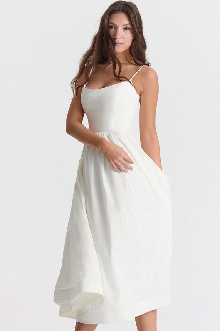 Women's Midi Dress White Cotton Spaghetti Strap Summer Fit and Flare 3