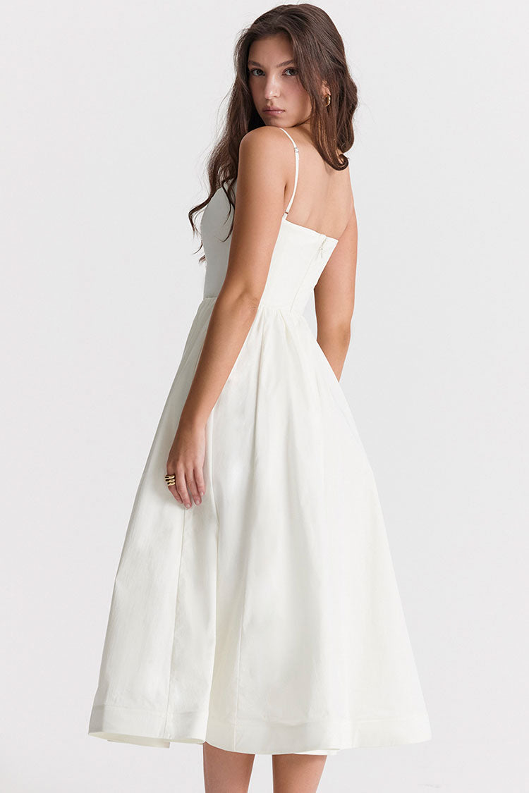 Women's Midi Dress White Cotton Spaghetti Strap Summer Fit and Flare 4