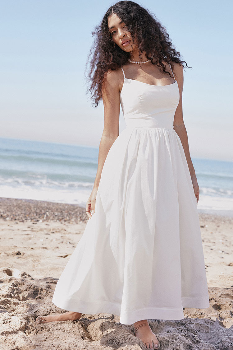 Women's Midi Dress White Cotton Spaghetti Strap Summer Fit and Flare 5
