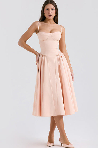 Women's Midi Sundress Pink Cotton Spaghetti Strap Fit-and-Flare 2