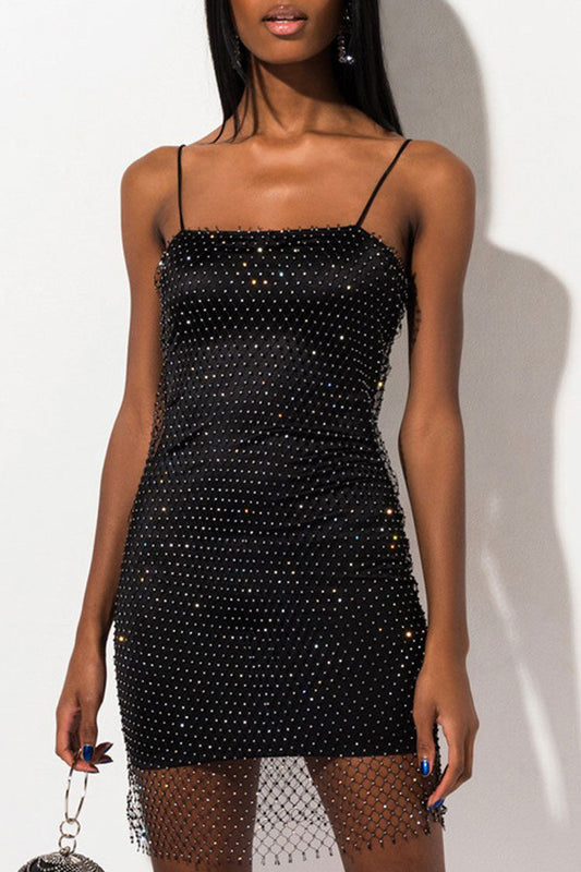 Women's Mini Dress Black Rhinestone Spaghetti Strap Bodycon 0