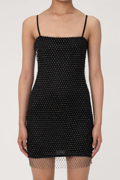Women's Mini Dress Black Rhinestone Spaghetti Strap Bodycon 1
