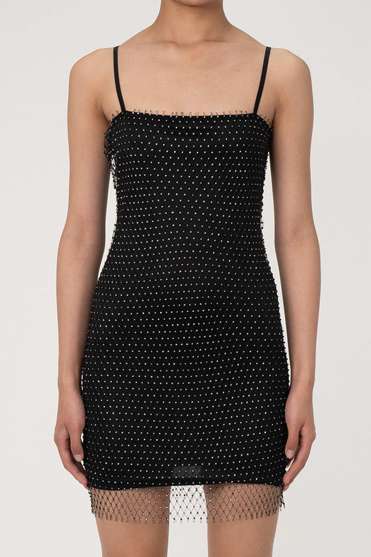 Women's Mini Dress Black Rhinestone Spaghetti Strap Bodycon 1