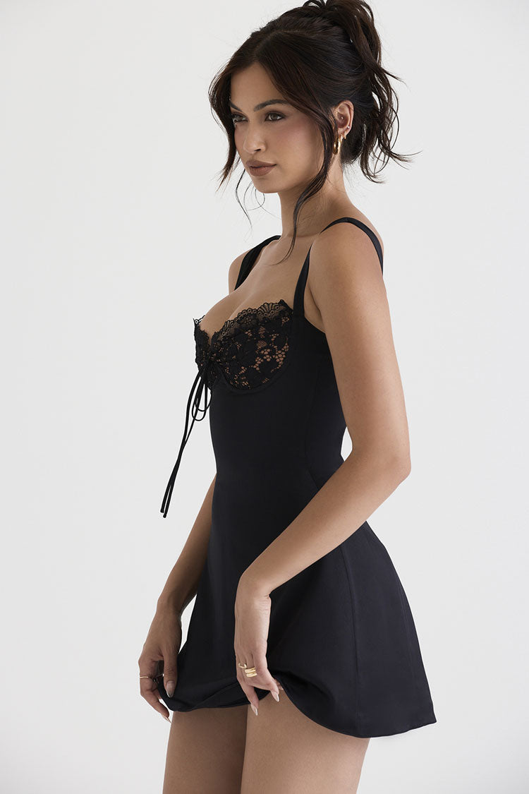 Women's Mini Dress Black Satin Lace Trim 2