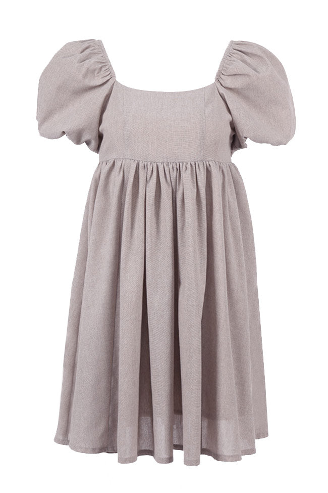 Women's Mini Dress Khaki Cotton Blend with Puff Sleeves 2