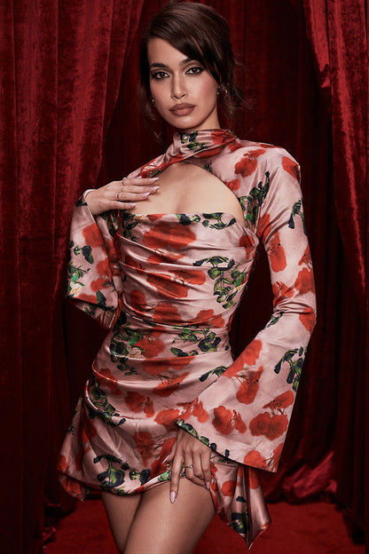 Women's Mini Dress Red Polyester Rose Print 4