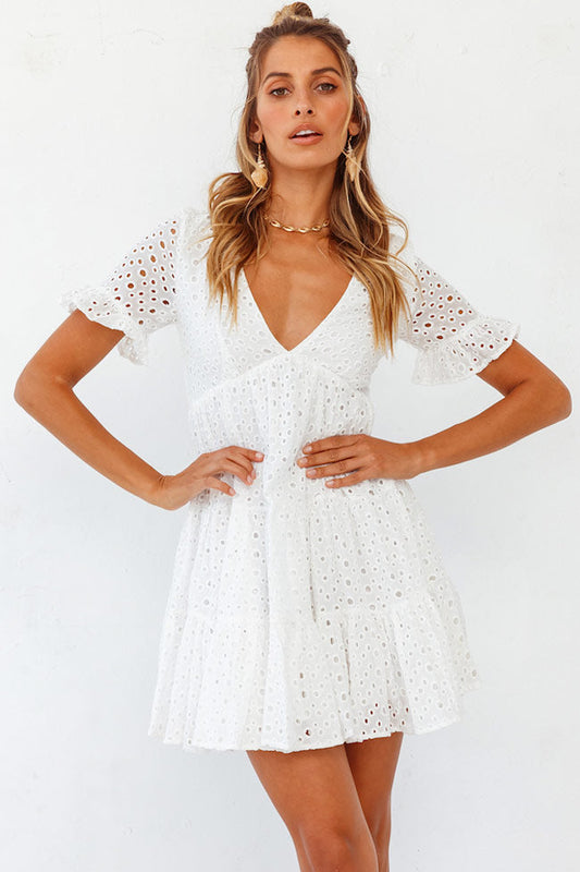 Women's Mini Dress White Broderie Anglaise Cotton 0