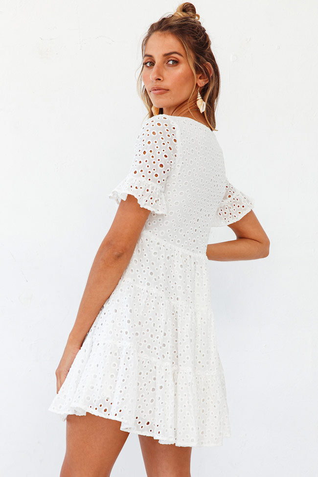 Women's Mini Dress White Broderie Anglaise Cotton 2