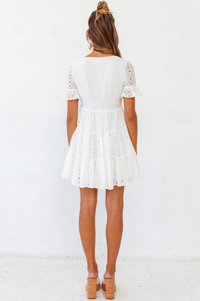 Women's Mini Dress White Broderie Anglaise Cotton 4