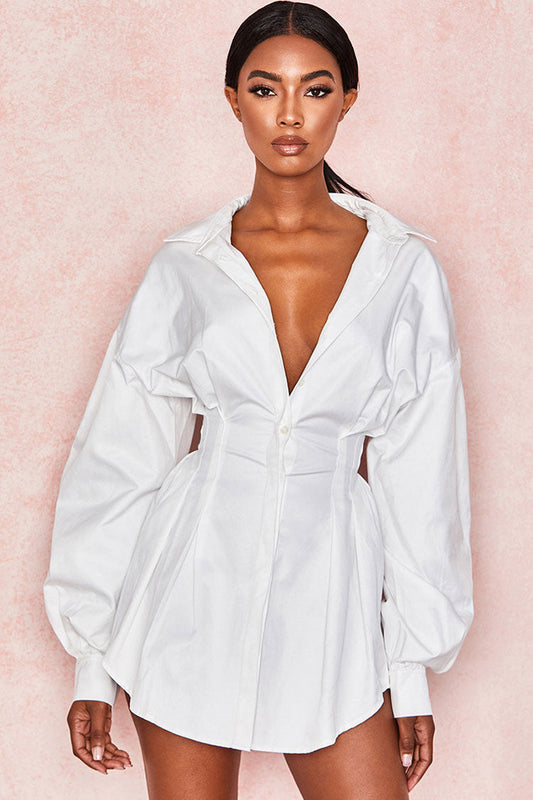 Women's Mini Dress White Cotton Balloon Sleeve 0