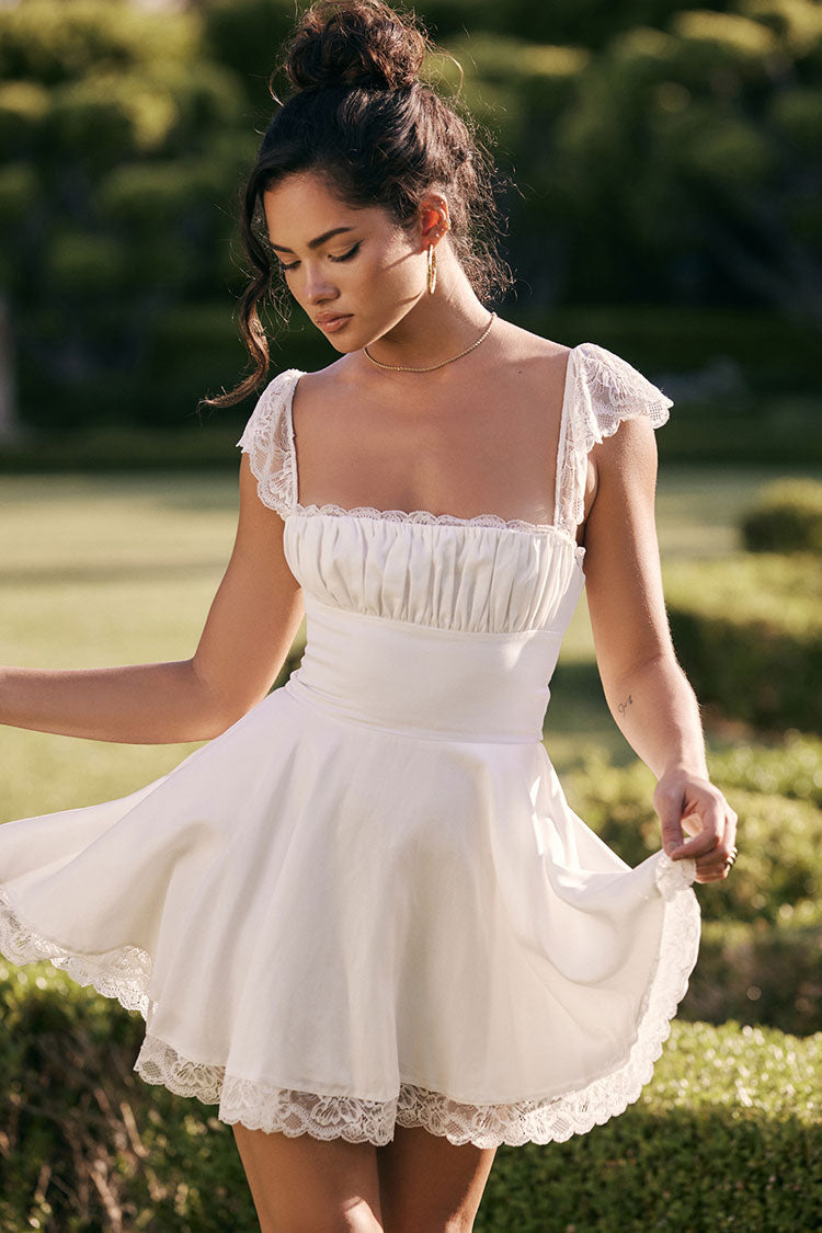 Women's Mini Dress White Cotton Scalloped Cap Sleeve Summer Dress 0