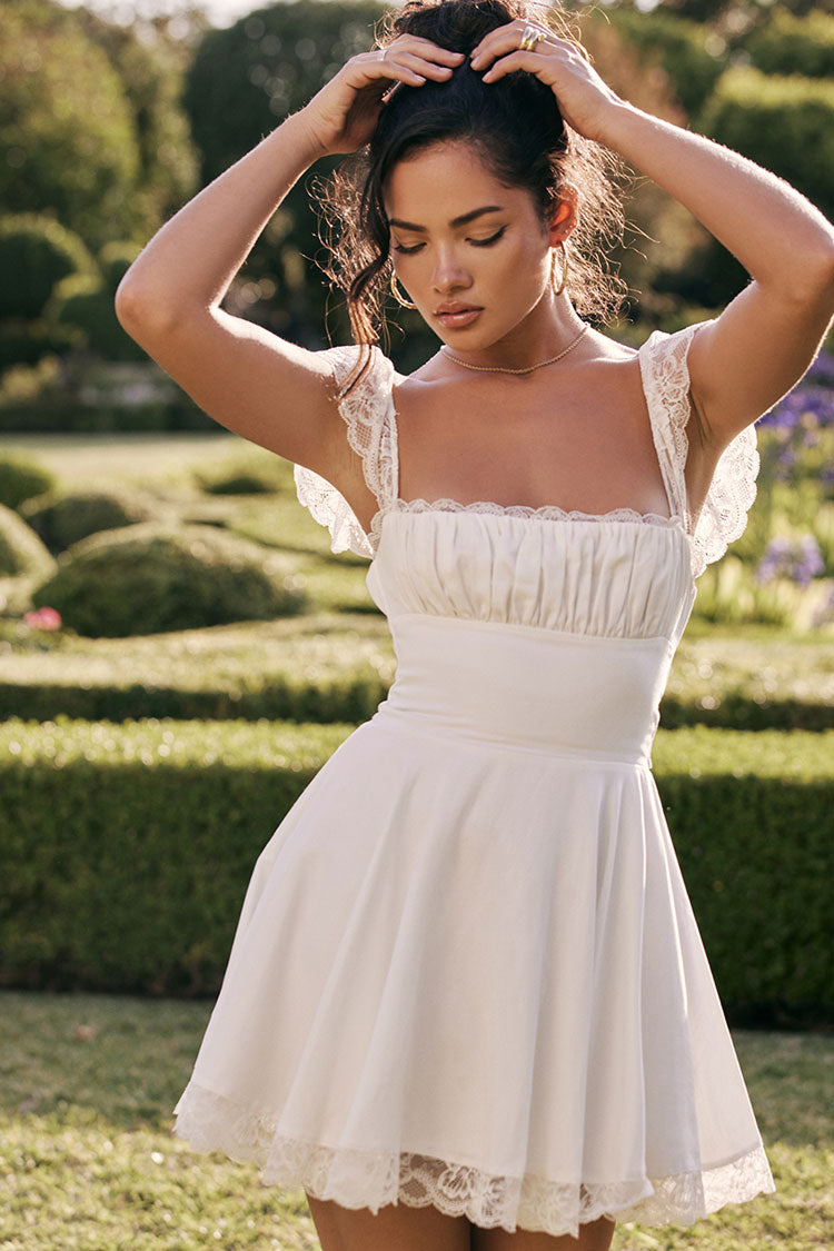 Women's Mini Dress White Cotton Scalloped Cap Sleeve Summer Dress 1