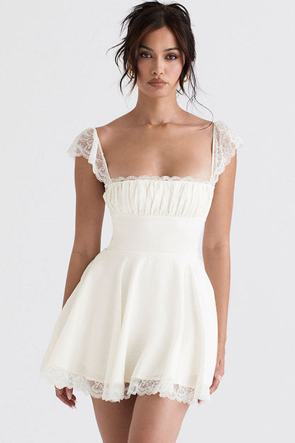 Women's Mini Dress White Cotton Scalloped Cap Sleeve Summer Dress 3