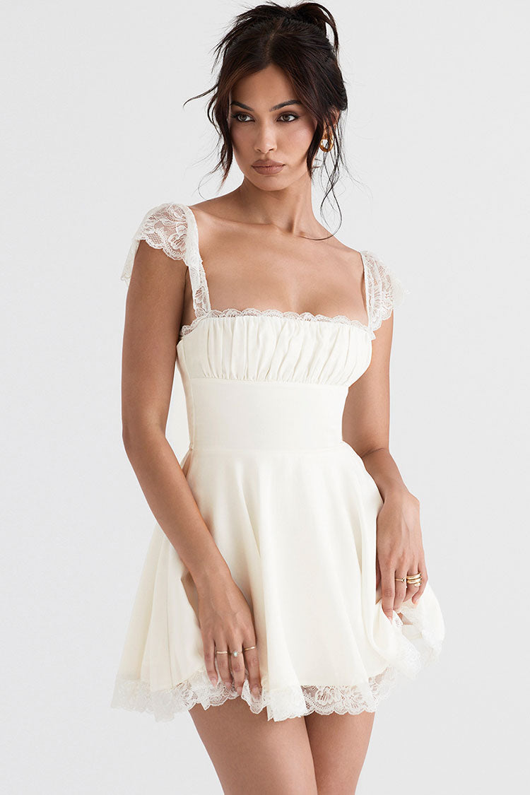 Women's Mini Dress White Cotton Scalloped Cap Sleeve Summer Dress 4