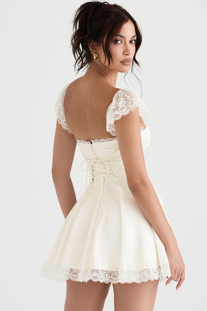 Women's Mini Dress White Cotton Scalloped Cap Sleeve Summer Dress 5
