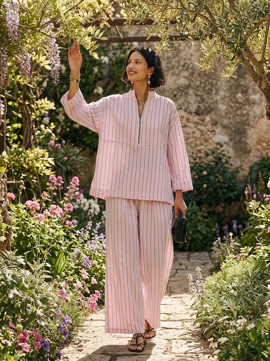 Women's Striped Half-Zip Wide-Leg Trouser Set – product view | Hensley London