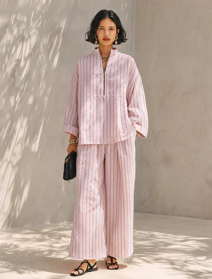 Women's Striped Half-Zip Wide-Leg Trouser Set – product view | Hensley London