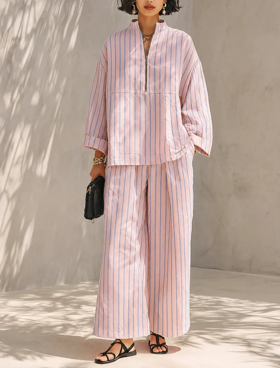 Women's Striped Half-Zip Wide-Leg Trouser Set – product view | Hensley London