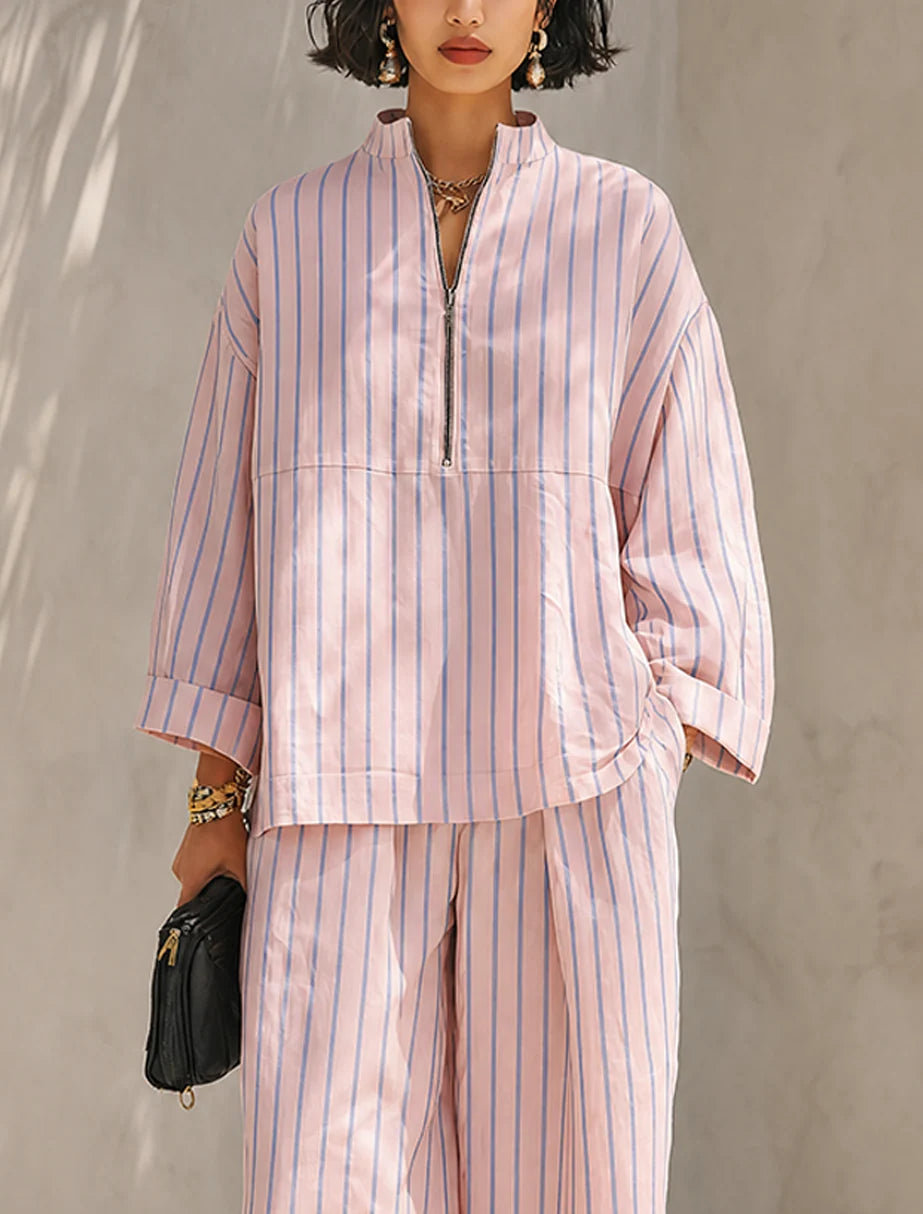 Women's Striped Half-Zip Wide-Leg Trouser Set – product view | Hensley London