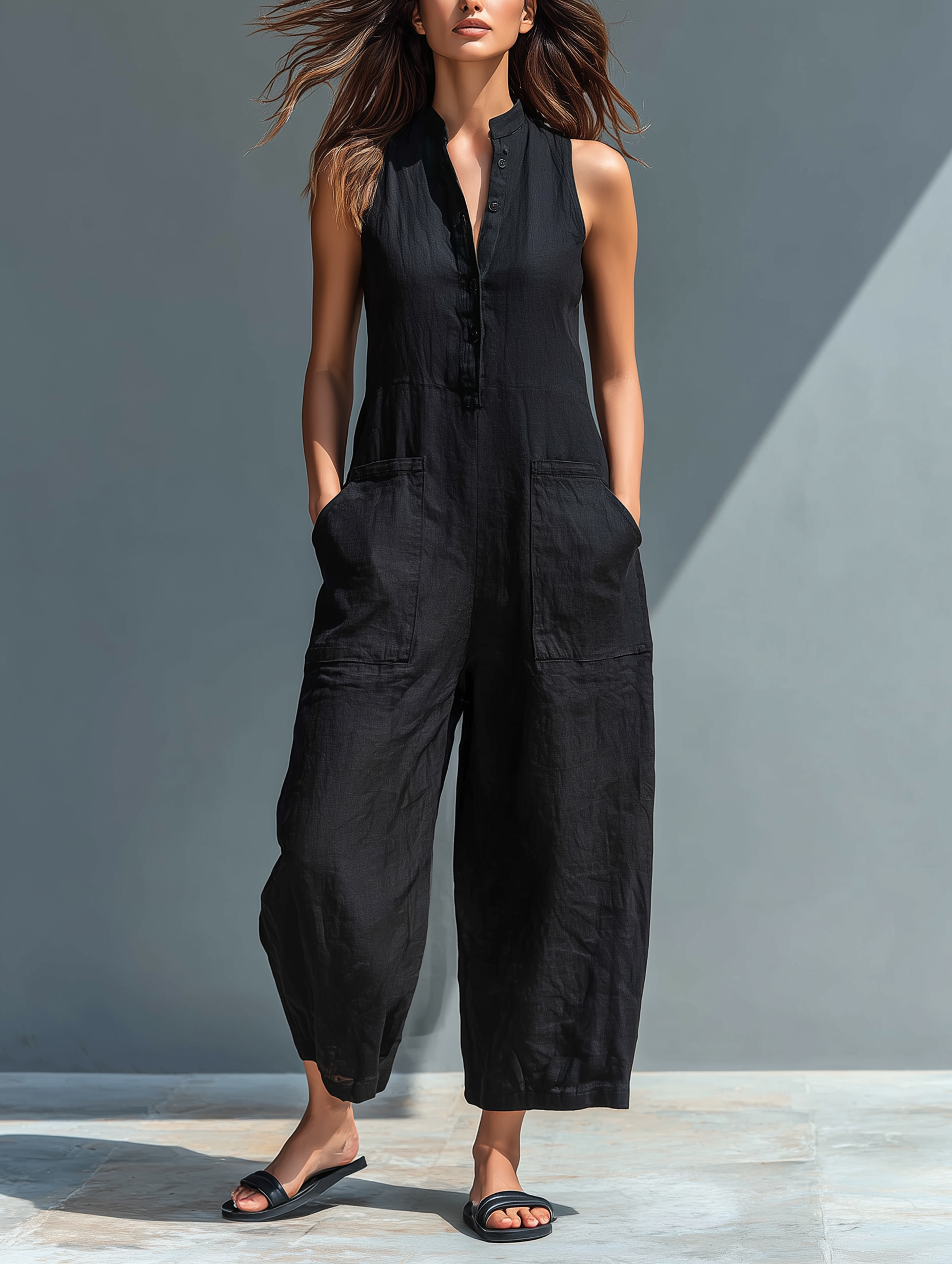 Women's Linen Blend Button-Up Sleeveless Loose Jumpsuit – product view | Hensley London
