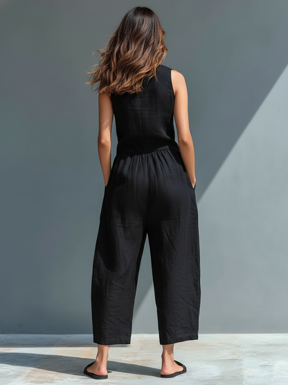 Women's Linen Blend Button-Up Sleeveless Loose Jumpsuit – product view | Hensley London