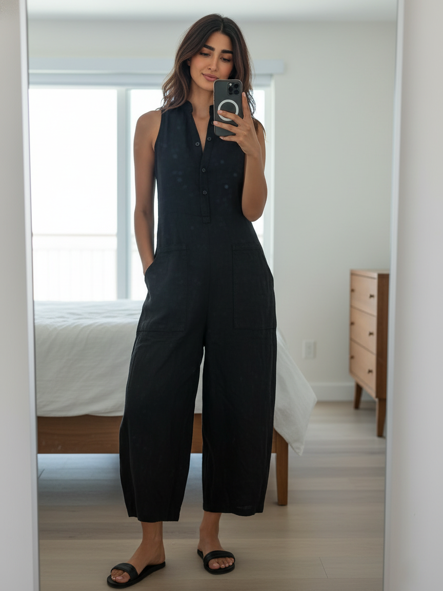 Women's Linen Blend Button-Up Sleeveless Loose Jumpsuit – product view | Hensley London