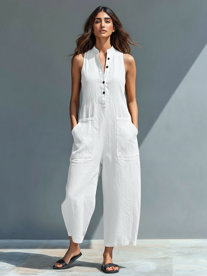 Women's Linen Blend Button-Up Sleeveless Loose Jumpsuit – product view | Hensley London