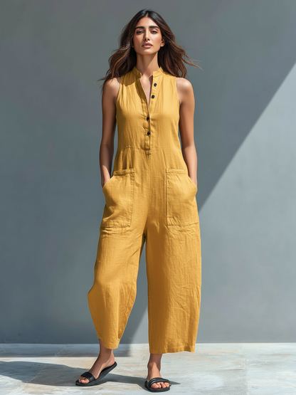 Women's Linen Blend Button-Up Sleeveless Loose Jumpsuit – product view | Hensley London