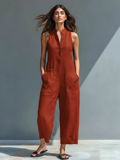 Women's Linen Blend Button-Up Sleeveless Loose Jumpsuit – product view | Hensley London
