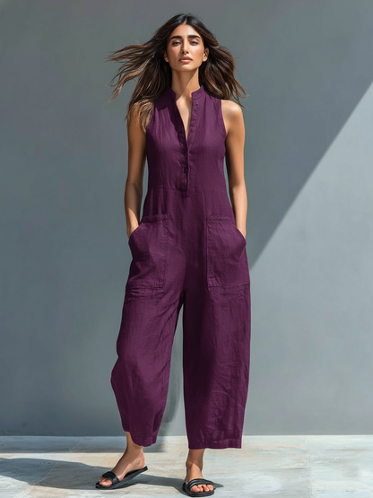Women's Linen Blend Button-Up Sleeveless Loose Jumpsuit – product view | Hensley London