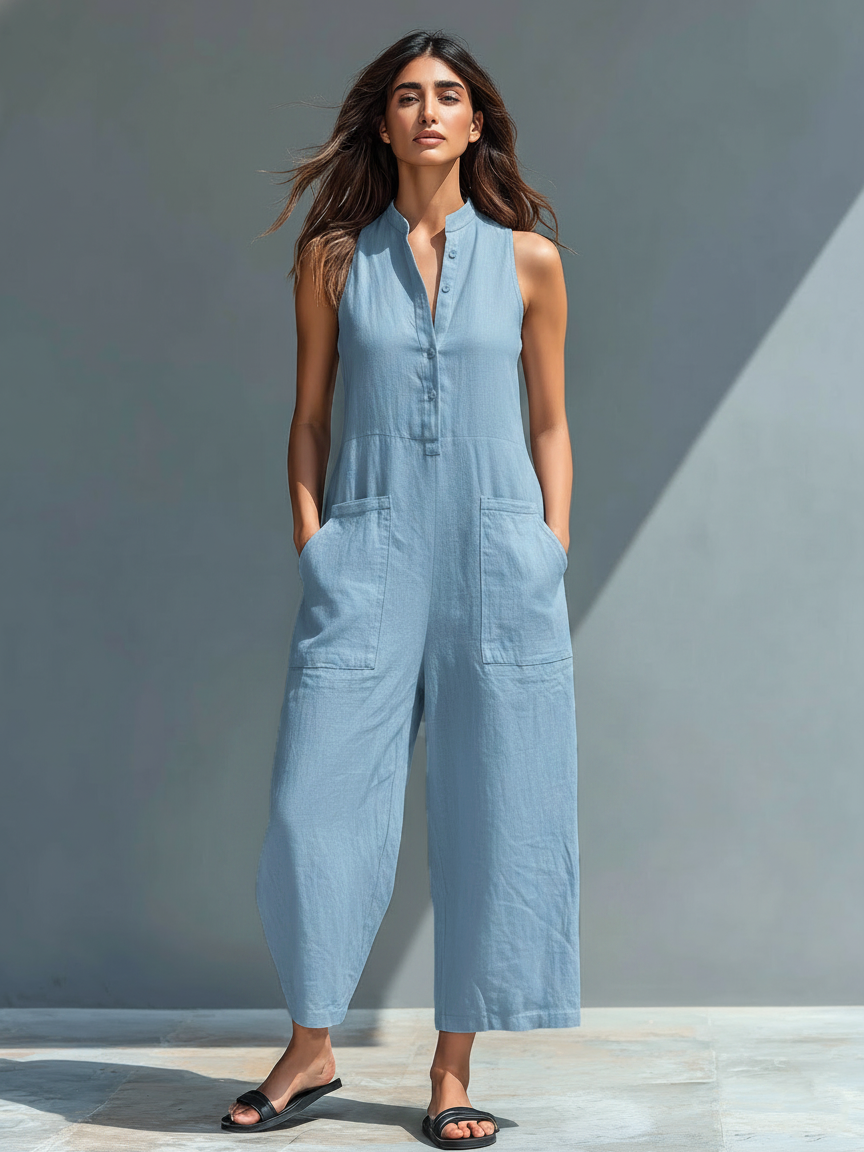 Women's Linen Blend Button-Up Sleeveless Loose Jumpsuit – product view | Hensley London