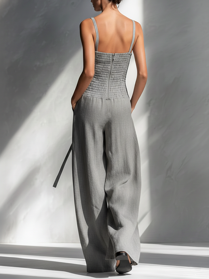 Women's Linen Blend Square-Neck Tie-Waist Wide-Leg Jumpsuit in Gray – side view | Hensley London