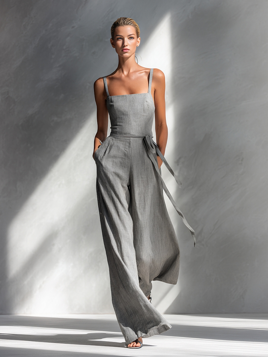Women's Linen Blend Square-Neck Tie-Waist Wide-Leg Jumpsuit in Gray – waist detail | Hensley London