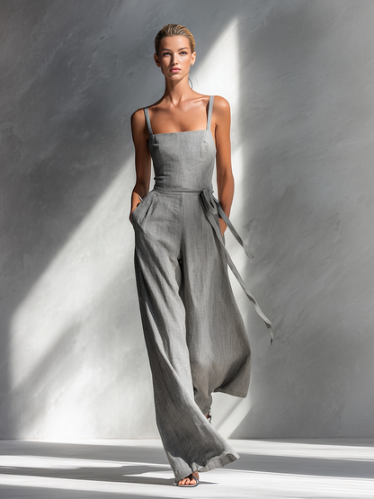 Women's Linen Blend Square-Neck Tie-Waist Wide-Leg Jumpsuit in Gray – waist detail | Hensley London