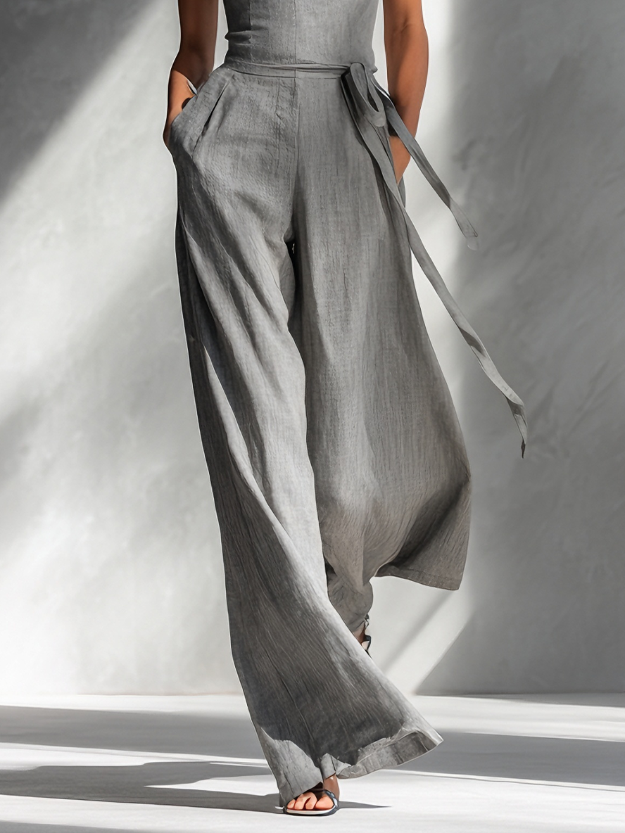 Women's Linen Blend Square-Neck Tie-Waist Wide-Leg Jumpsuit in Gray – full view | Hensley London