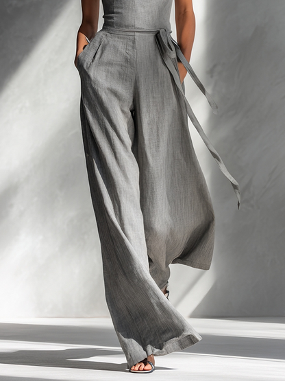 Women's Linen Blend Square-Neck Tie-Waist Wide-Leg Jumpsuit in Gray – full view | Hensley London