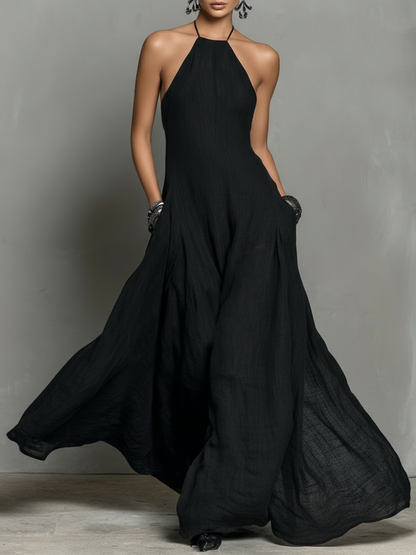 Women's Linen Blend Halter Neck Sleeveless Maxi Dress – product view | Hensley London