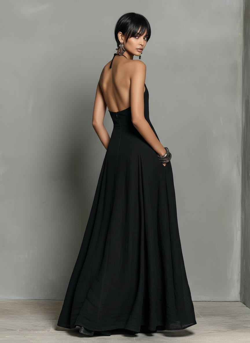 Women's Linen Blend Halter Neck Sleeveless Maxi Dress – product view | Hensley London