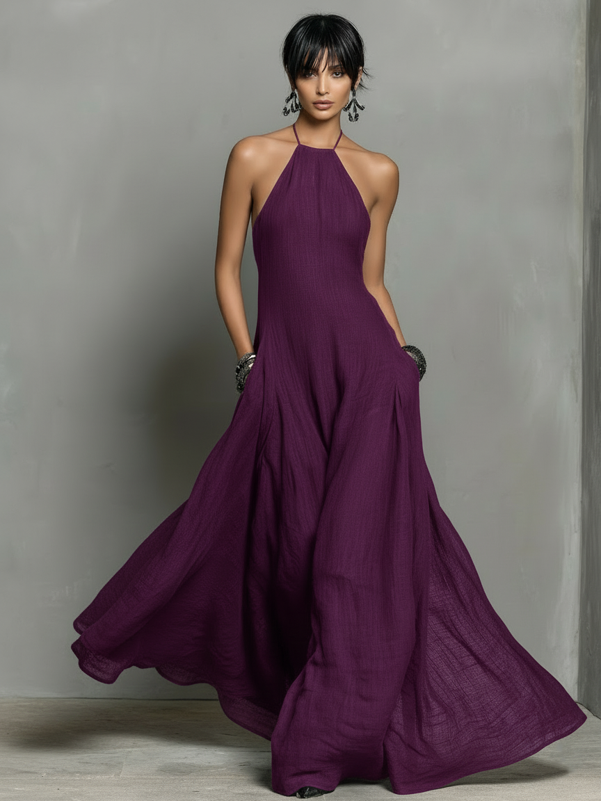 Women's Linen Blend Halter Neck Sleeveless Maxi Dress – product view | Hensley London