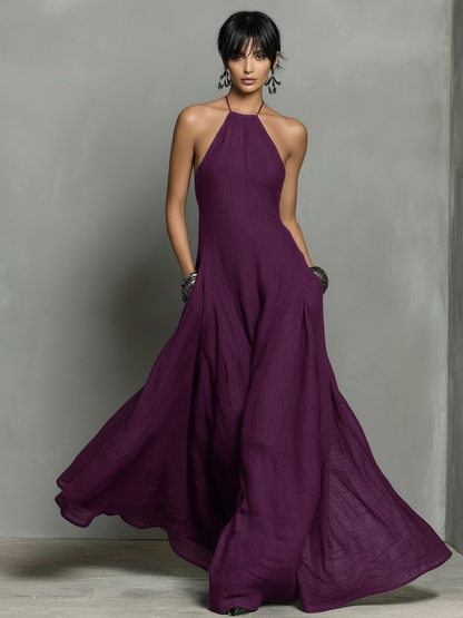 Women's Linen Blend Halter Neck Sleeveless Maxi Dress – product view | Hensley London