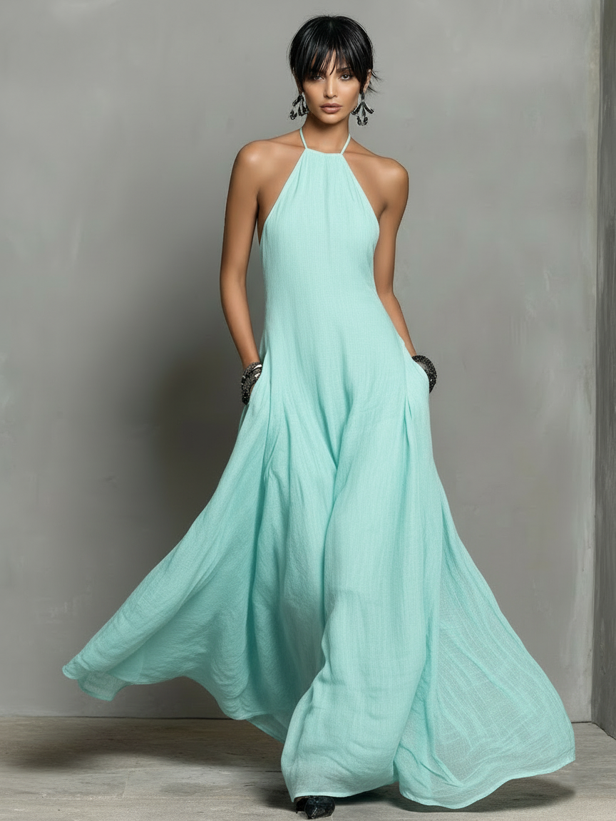 Women's Linen Blend Halter Neck Sleeveless Maxi Dress – product view | Hensley London