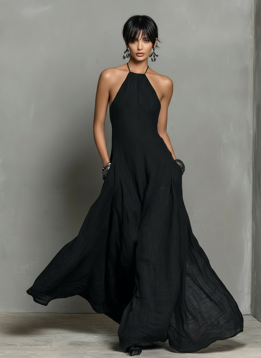 Women's Linen Blend Halter Neck Sleeveless Maxi Dress – product view | Hensley London