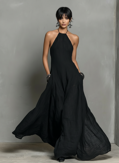 Women's Linen Blend Halter Neck Sleeveless Maxi Dress – product view | Hensley London