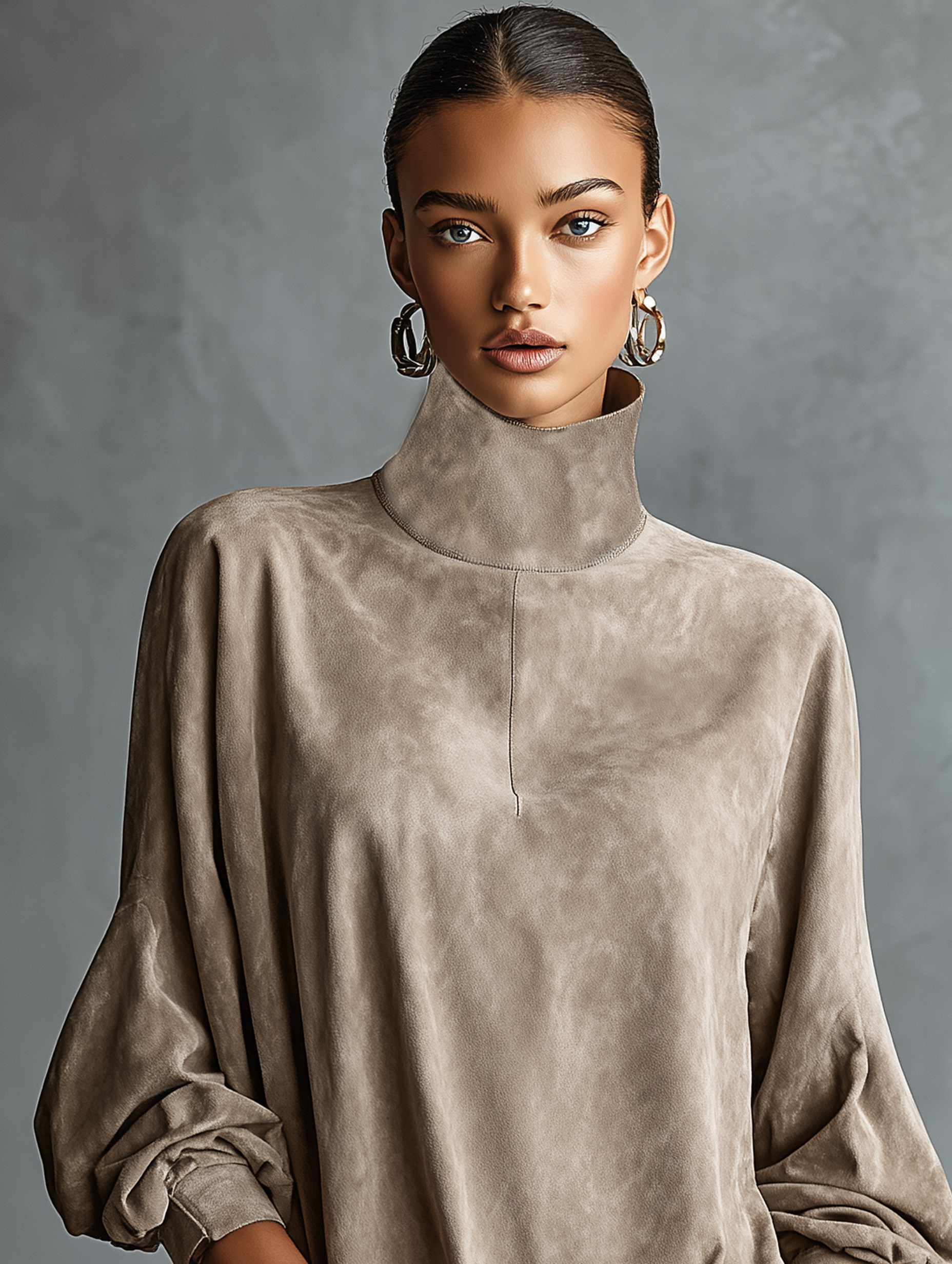Women's Faux Suede High-Neck Loose Mini Dress in Khaki – side view | Hensley London